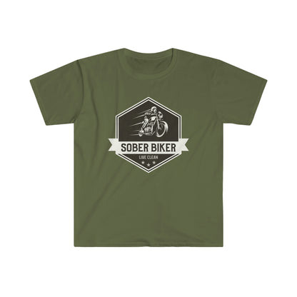 Sober Biker Unisex Softstyle T-Shirt for clean and sober people in recovery